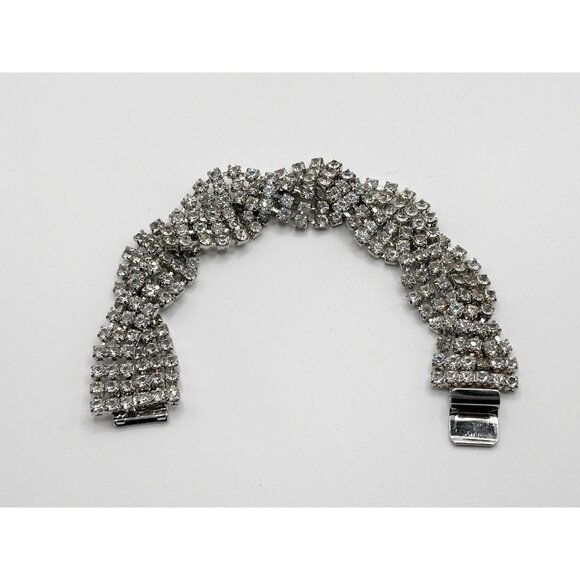 Vintage Clear Rhinestones Bracelet Braided Overlap Silver Tone Jewelry - Picture 1 of 3
